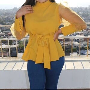Elegant Yellow Women's Top with Sheer Sleeves